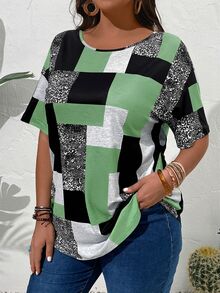 EMERY ROSE Plus Size Women Geometric Print Round Neck Short Sleeve Casual Versatile T-Shirt - Mint Green - View 6
