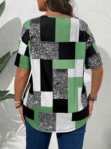 EMERY ROSE Plus Size Women Geometric Print Round Neck Short Sleeve Casual Versatile T-Shirt - Mint Green - View 2