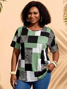 EMERY ROSE Plus Size Women Geometric Print Round Neck Short Sleeve Casual Versatile T-Shirt - Mint Green - View 3