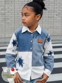 Tween Girls Tie-Dye Print Long Sleeve Shirts, Suitable For Daily Commute Wear, Back To School Season Outfit - Blue and White - View 1
