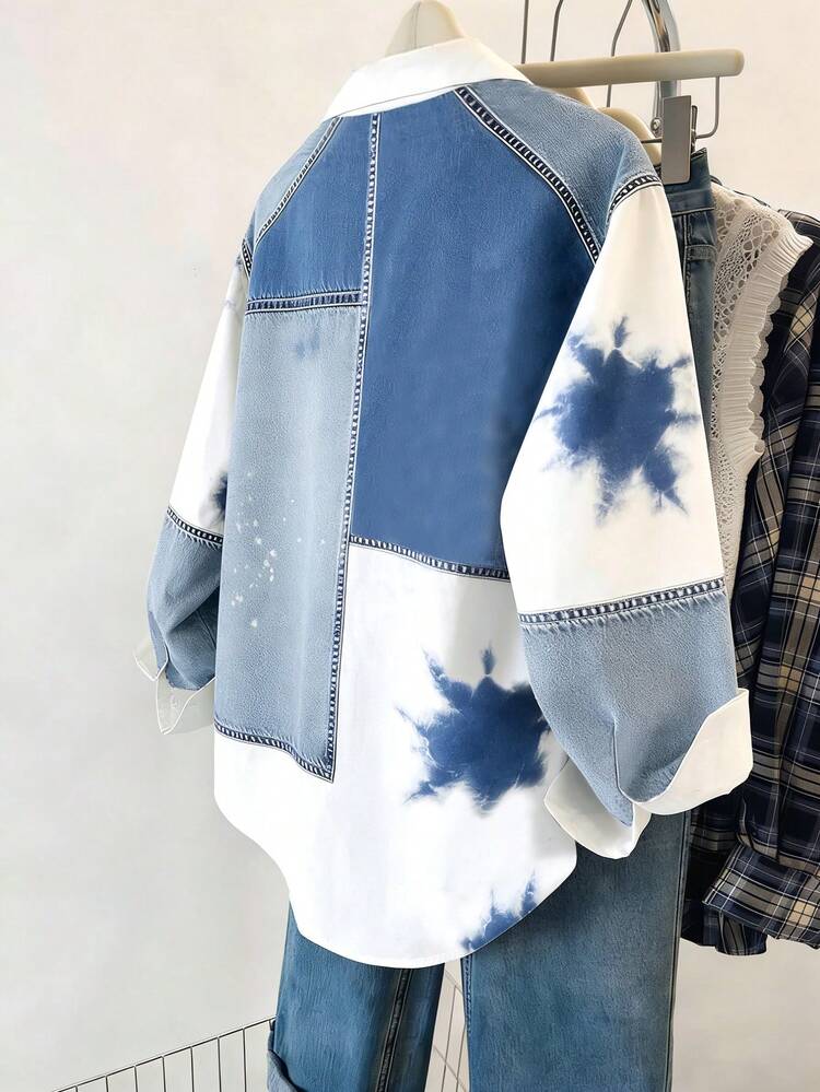 Áo dài tay in họa tiết tie-dye cho bé gái tween, phù hợp mặc đi học hằng ngày, trang phục mùa tựu trường - Xanh và trắng - Xem 2