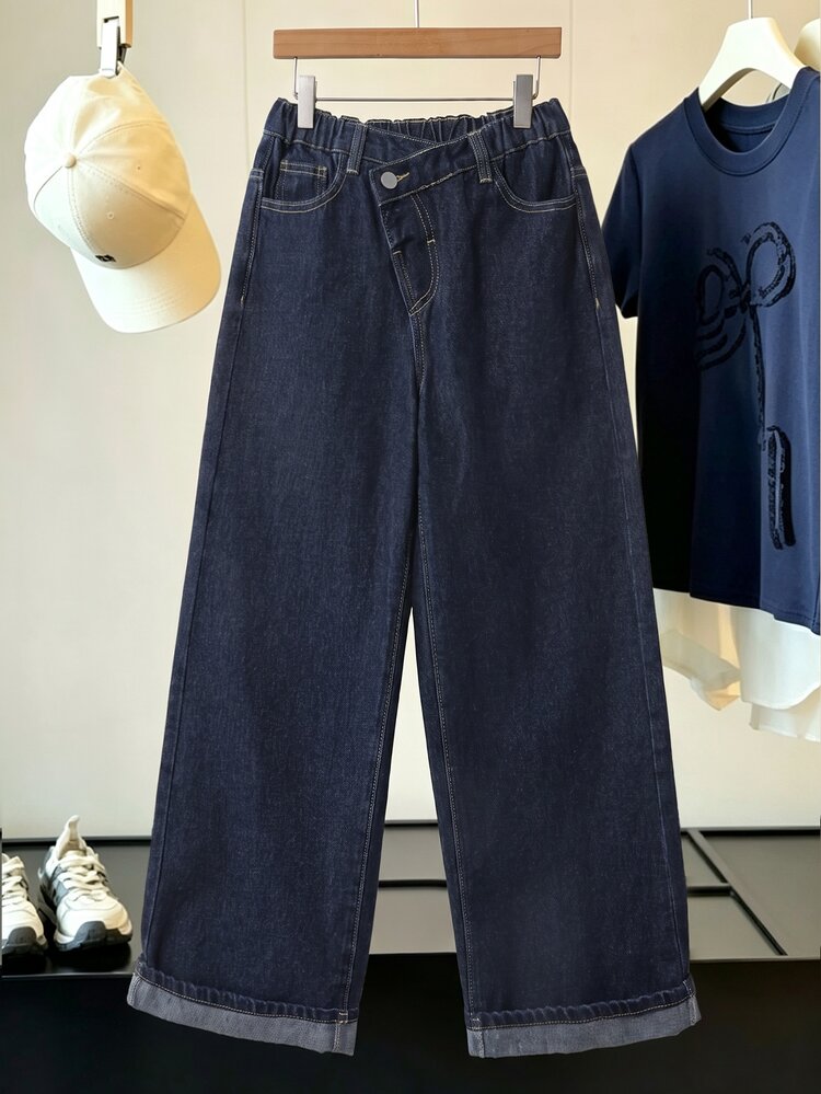 SHEIN Girls' Deep Blue Washed Wide Leg Denim Jeans, Unique Asymmetrical Slanted Button Waistband, Cuffed Hem, Elastic Waist Design, Street Style Loose Straight Leg, Classic Versatile All-Season Denim Pants For Daily School, Outings, Gatherings, Shopping - Blue - View 9