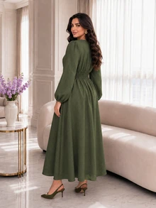 Modelyn Plus Size Women Solid Green Color Overlap V-Neck Lantern Sleeve Elegant Dress - Dark Green - View 2