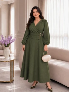 Modelyn Plus Size Women Solid Green Color Overlap V-Neck Lantern Sleeve Elegant Dress - Dark Green - View 3