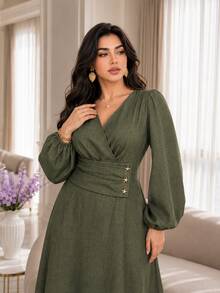 Modelyn Plus Size Women Solid Green Color Overlap V-Neck Lantern Sleeve Elegant Dress - Dark Green - View 1