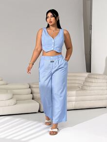 Solflare Navy Blue Sleeveless Vest Coordinated With Pants Plus Size Suit Spring Summer Clothes In Fall/Winter Office Vacation Formal Elegant Curve - Multicolor - View 1