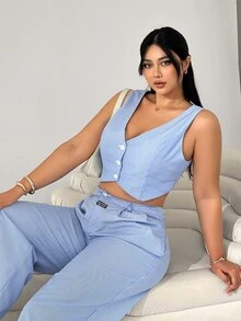 Solflare Navy Blue Sleeveless Vest Coordinated With Pants Plus Size Suit Spring Summer Clothes In Fall/Winter Office Vacation Formal Elegant Curve - Multicolor - View 5