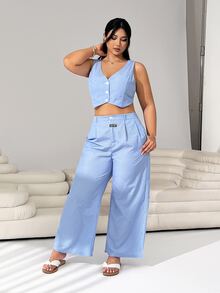 Solflare Navy Blue Sleeveless Vest Coordinated With Pants Plus Size Suit Spring Summer Clothes In Fall/Winter Office Vacation Formal Elegant Curve - Multicolor - View 3