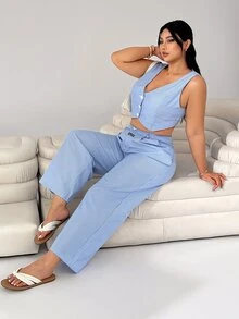 Solflare Navy Blue Sleeveless Vest Coordinated With Pants Plus Size Suit Spring Summer Clothes In Fall/Winter Office Vacation Formal Elegant Curve - Multicolor - View 4