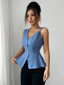 Elenzga New Minimalist Elegant Metal Buckle Design Waist Flattering V-Neck Sleeveless Blouse For Women, Summer - Dusty Blue - View 4