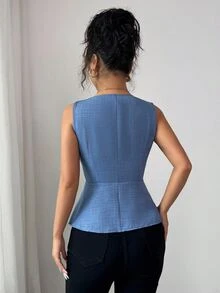 Elenzga New Minimalist Elegant Metal Buckle Design Waist Flattering V-Neck Sleeveless Blouse For Women, Summer - Dusty Blue - View 6