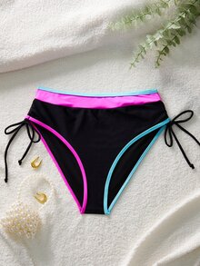 Swim Lushoire 女款夏季拼接撞色成熟女性泳裝，沙灘穿搭 - 黑色 - 查看 4