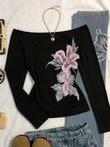 SHEIN 青少年女孩花卉印花露肩T恤 - 黑色 - 查看 4