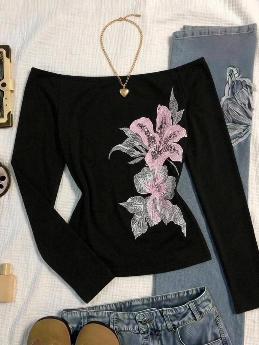 SHEIN Teen Girl Black Off-Shoulder Fitted Casual Long Sleeve Basic Tee ,Shoulder Tee Party Autumn Y2k - Black - View 1