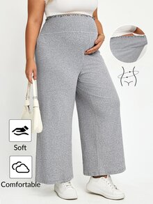 Plussiva Plus Size Maternity High Waist Elastic Waist Loose Wide Leg Long Pants Post Partum Lounge Summer Casual Photoshoot - Grey - View 1