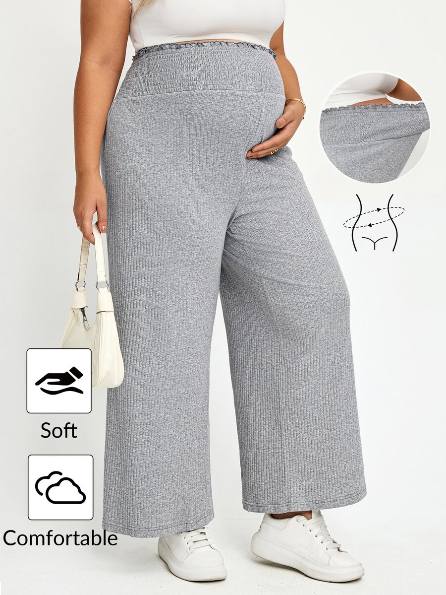 Plussiva Plus Size Maternity High Waist Elastic Waist Loose Wide Leg Long Pants Post Partum Lounge Summer Casual Photoshoot - Grey - View 1