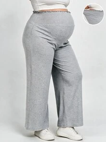 Plussiva Plus Size Maternity High Waist Elastic Waist Loose Wide Leg Long Pants Post Partum Lounge Summer Casual Photoshoot - Grey - View 3