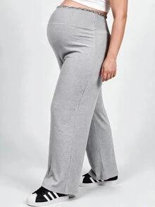 Plussiva Plus Size Maternity High Waist Elastic Waist Loose Wide Leg Long Pants Post Partum Lounge Summer Casual Photoshoot - Grey - View 2