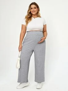 Plussiva Plus Size Maternity High Waist Elastic Waist Loose Wide Leg Long Pants Post Partum Lounge Summer Casual Photoshoot - Grey - View 8