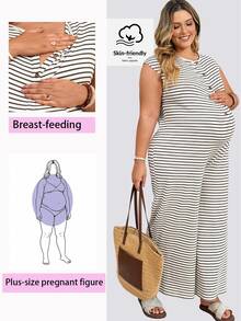 Plussiva Plus Size Women's Maternity White Button Design Casual Sleeveless Wide Leg Jumpsuit Summer Post Partum Lounge Breast Feeding Friendly Photoshoot - Apricot - View 3