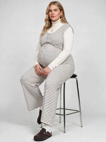 Plussiva Plus Size Women's Maternity White Button Design Casual Sleeveless Wide Leg Jumpsuit Summer Post Partum Lounge Breast Feeding Friendly Photoshoot - Apricot - View 2