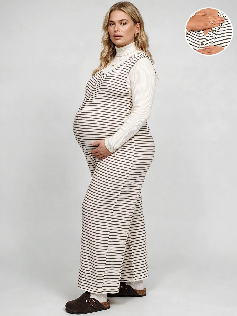 Plussiva Plus Size Women's Maternity White Button Design Casual Sleeveless Wide Leg Jumpsuit Summer Post Partum Lounge Breast Feeding Friendly Photoshoot - Apricot - View 1