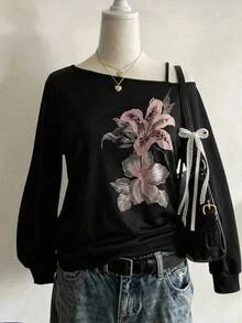SHEIN 青少年女孩針織黑色露肩印花休閒秋季衛衣 - 黑色 - 查看 2
