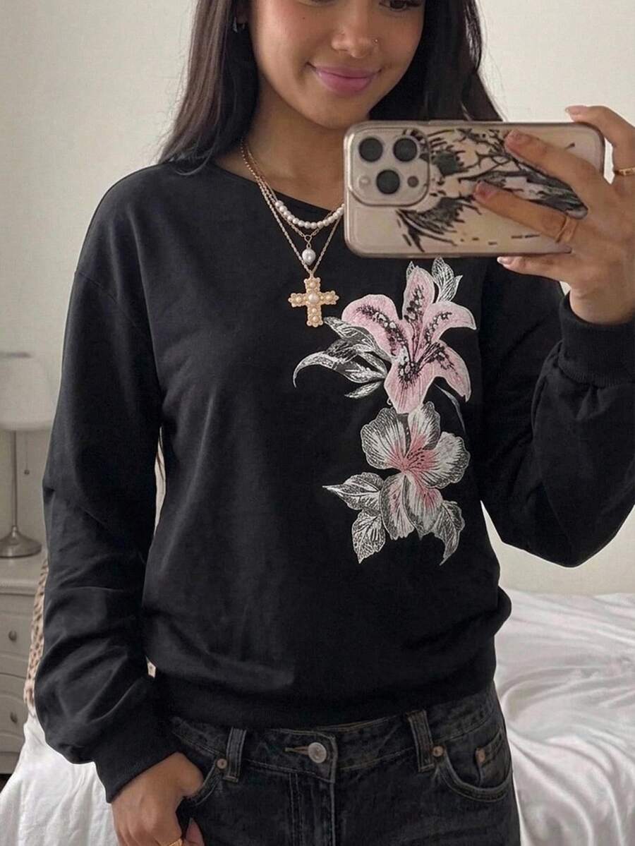 SHEIN 青少年女孩針織黑色露肩印花休閒秋季衛衣 - 黑色 - 查看 1