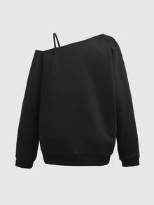 SHEIN 青少年女孩針織黑色露肩印花休閒秋季衛衣 - 黑色 - 查看 4