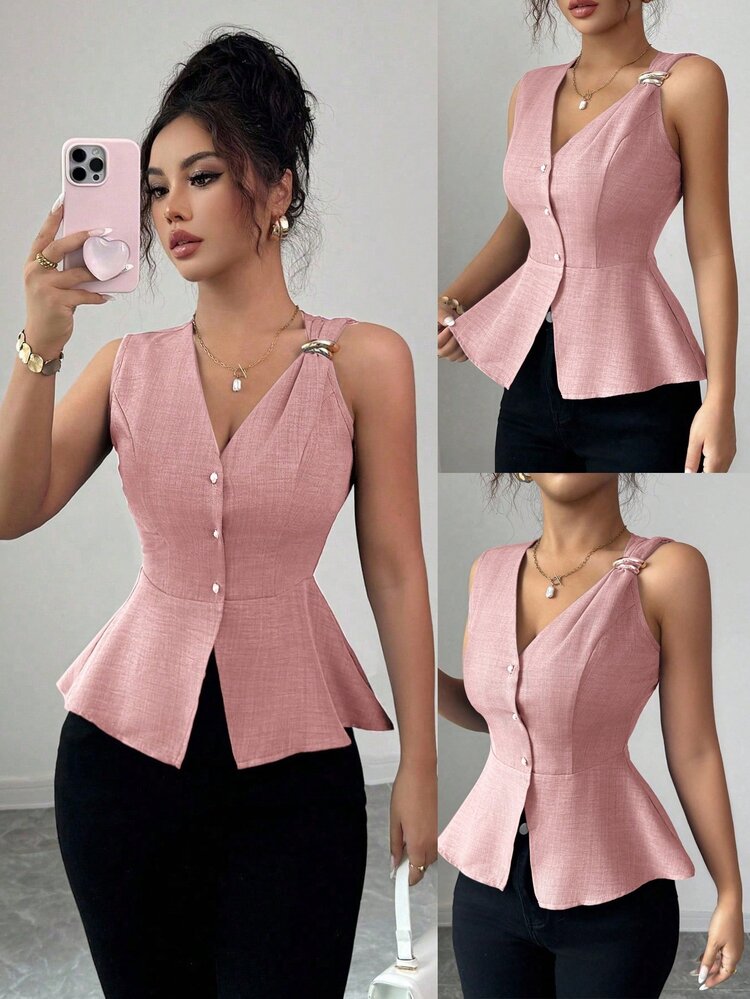 Elenzga New Arrival Summer Minimalist Chic Fashion Metal Buckle Design Waist Cinching V-Neck Sleeveless Blouse For Women - Pink - View 1