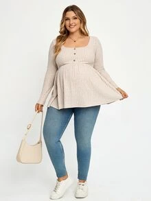 Plussiva Plus Size Maternity Casual Versatile Solid Color Long Sleeve Top Gender Reveal Blue And Pink Autumn After Birth Breast Feeding Friendly Fall - Apricot - View 7