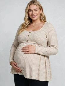 Plussiva Plus Size Maternity Casual Versatile Solid Color Long Sleeve Top Gender Reveal Blue And Pink Autumn After Birth Breast Feeding Friendly Fall - Apricot - View 5
