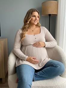 Plussiva Plus Size Maternity Casual Versatile Solid Color Long Sleeve Top Gender Reveal Blue And Pink Autumn After Birth Breast Feeding Friendly Fall - Apricot - View 4