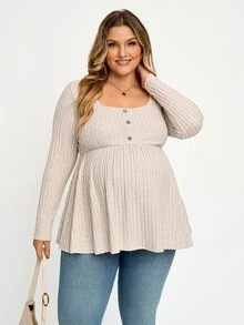 Plussiva Plus Size Maternity Casual Versatile Solid Color Long Sleeve Top Gender Reveal Blue And Pink Autumn After Birth Breast Feeding Friendly Fall - Apricot - View 6