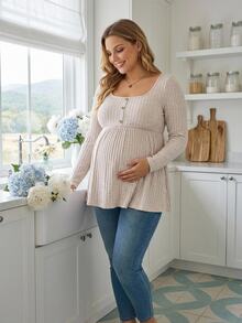 Plussiva Plus Size Maternity Casual Versatile Solid Color Long Sleeve Top Gender Reveal Blue And Pink Autumn After Birth Breast Feeding Friendly Fall - Apricot - View 12