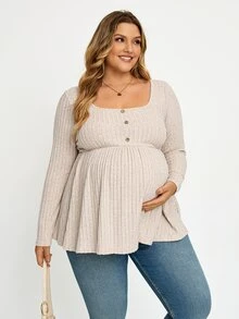 Plussiva Plus Size Maternity Casual Versatile Solid Color Long Sleeve Top Gender Reveal Blue And Pink Autumn After Birth Breast Feeding Friendly Fall - Apricot - View 3