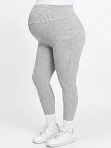 Plussiva Plus Size Maternity Solid Color Adjustable Waist Casual Lounge Long Pants Autumn Dates Post Partum Gender Reveal - Grey - View 3