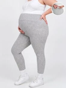 Plussiva Plus Size Maternity Solid Color Adjustable Waist Casual Lounge Long Pants Autumn Dates Post Partum Gender Reveal - Grey - View 2