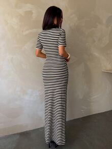 Aloruh 女款黑白針織半開襟鈕扣短袖休閒洋裝 夏季女裝 度假休閒洋裝 - 棕色 - 查看 3