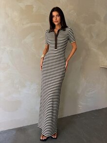 Aloruh 女款黑白針織半開襟鈕扣短袖休閒洋裝 夏季女裝 度假休閒洋裝 - 棕色 - 查看 5
