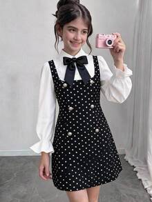青少年女孩拼接撞色波點學院風 2合1 收腰蝴蝶結裝飾洋裝 秋冬萬聖節/聖誕派對 - 黑與白 - 查看 5