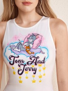 TOM & JERRY X SHEIN Women's Letter Cartoon Print Round Neck Casual Cute Tank Top Everyday Home White Summer - White - View 6