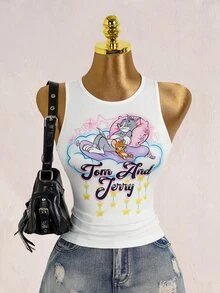 TOM & JERRY X SHEIN Women's Letter Cartoon Print Round Neck Casual Cute Tank Top Everyday Home White Summer - White - View 7