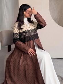 Yasmyna Women's Spring Autumn Winter Elegant Vintage Polka Dot Lace Patchwork Long Cardigan, Long Sleeve Loose Flared Maxi Robe, Daily Modest Outerwear - Multicolor - View 10