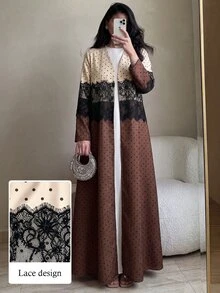 Yasmyna Women's Spring Autumn Winter Elegant Vintage Polka Dot Lace Patchwork Long Cardigan, Long Sleeve Loose Flared Maxi Robe, Daily Modest Outerwear - Multicolor - View 12