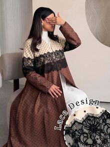 Yasmyna Women's Spring Autumn Winter Elegant Vintage Polka Dot Lace Patchwork Long Cardigan, Long Sleeve Loose Flared Maxi Robe, Daily Modest Outerwear - Multicolor - View 11