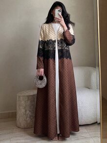 Yasmyna Women's Spring Autumn Winter Elegant Vintage Polka Dot Lace Patchwork Long Cardigan, Long Sleeve Loose Flared Maxi Robe, Daily Modest Outerwear - Multicolor - View 4