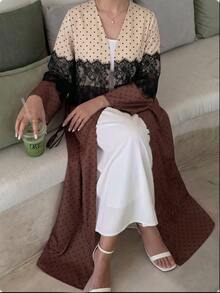 Yasmyna Women's Spring Autumn Winter Elegant Vintage Polka Dot Lace Patchwork Long Cardigan, Long Sleeve Loose Flared Maxi Robe, Daily Modest Outerwear - Multicolor - View 8