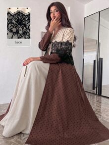 Yasmyna Women's Spring Autumn Winter Elegant Vintage Polka Dot Lace Patchwork Long Cardigan, Long Sleeve Loose Flared Maxi Robe, Daily Modest Outerwear - Multicolor - View 2