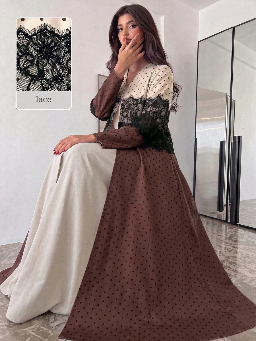 Yasmyna Women's Spring Autumn Winter Elegant Vintage Polka Dot Lace Patchwork Long Cardigan, Long Sleeve Loose Flared Maxi Robe, Daily Modest Outerwear